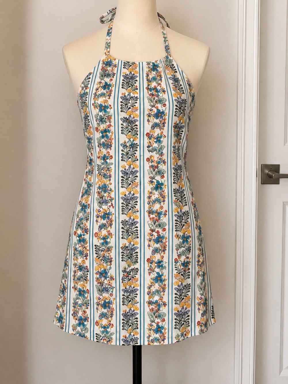Halter Mini Dress in Cream with Teal and Yellow Floral Stripes